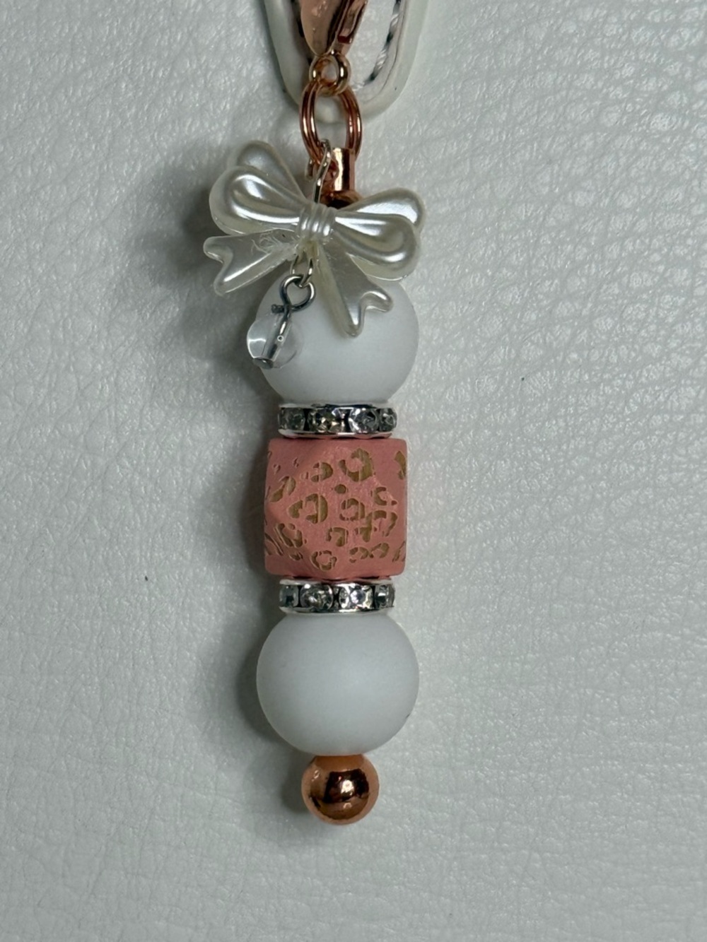 Pearl White & Blush Pink Beaded Charm with Bow Accent
